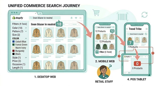 Three side-by-side screens showing the same search query linen blazer in a warm neutral returning 18 results on web, 7 results on a mobile app, and 0 results on a POS tablet with a callout reading same query different results across channels