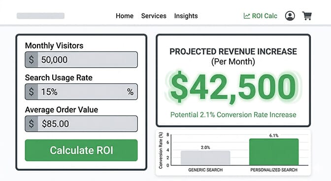 ROI calculation showing extra monthly revenue from AI-powered personalized search on Shopify