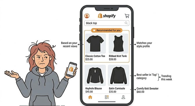 Example of personalized search results adapting to a returning customer in a Shopify fashion store