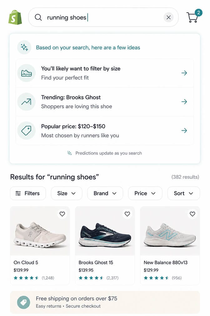 Shopify search interface typing running shoes triggering a predictive panel with inferred next steps like filter by size and trending Brooks Ghost with arrows