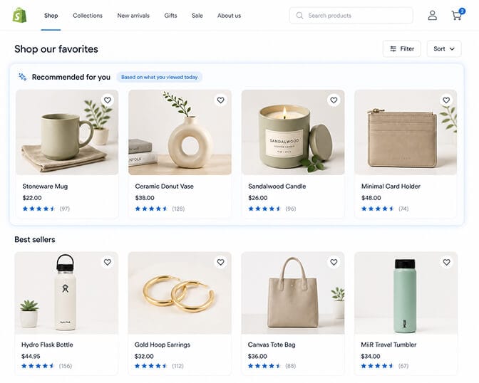 Shopify storefront product grid with the top row tailored to the current shopper's session with badges reading based on what you viewed today