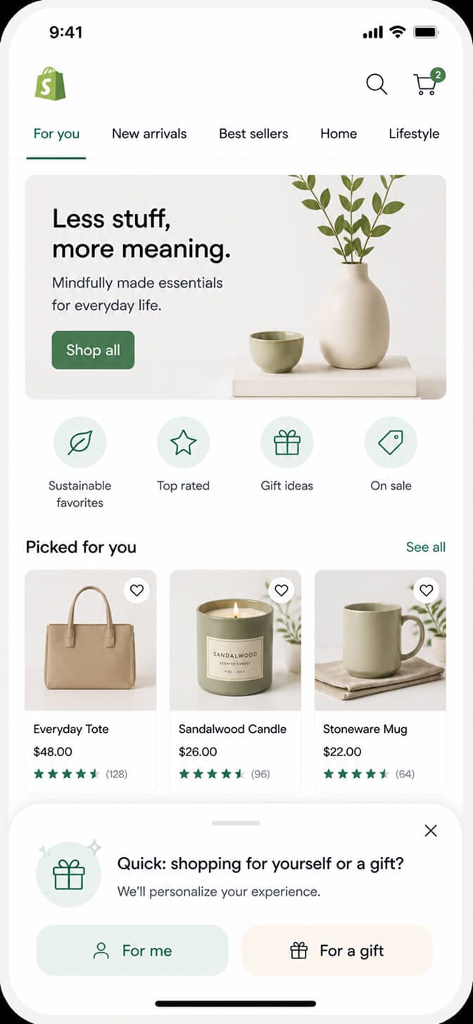 Shopify mobile homepage with a friendly preference micro-survey overlay asking shopping for yourself or a gift with two large tappable buttons