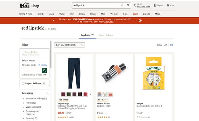 REI no results page with alternative suggestions