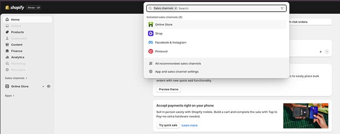 Shopify product sales channel settings showing Online Store checkbox