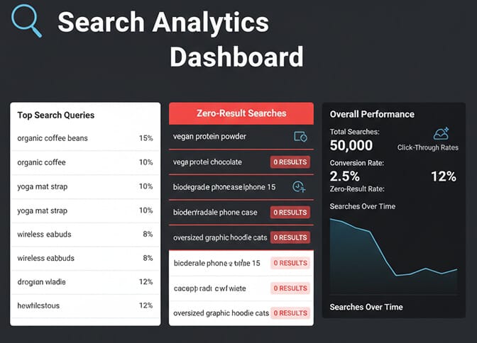 Screenshot of search analytics dashboard showing top queries, click-through rates, and zero-result searches highlighted in red