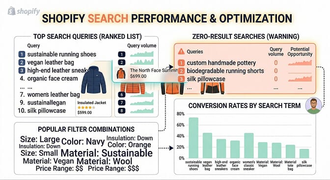 Shopify search analytics dashboard revealing customer intent and zero-result queries
