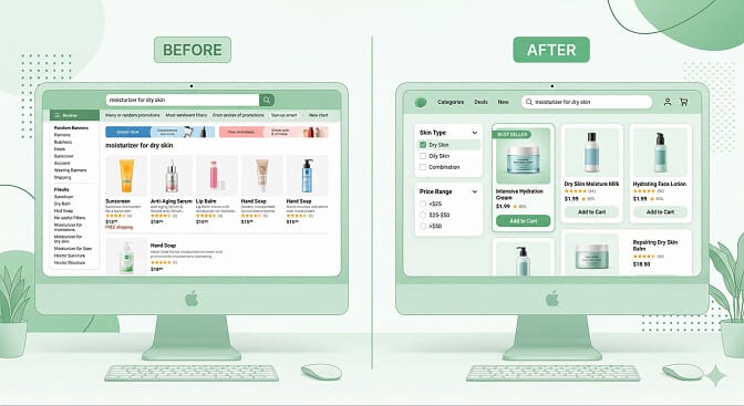 Before and after comparison of search results on a Shopify beauty store with enrichment