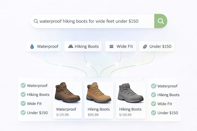 Semantic search breaking down a complex query like waterproof hiking boots for wide feet under 150 into multiple product attributes