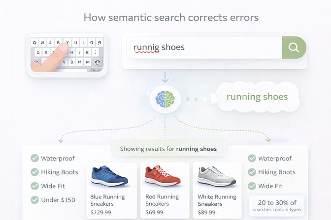 Semantic search correcting misspelled queries like cardigon to cardigan and returning accurate product results
