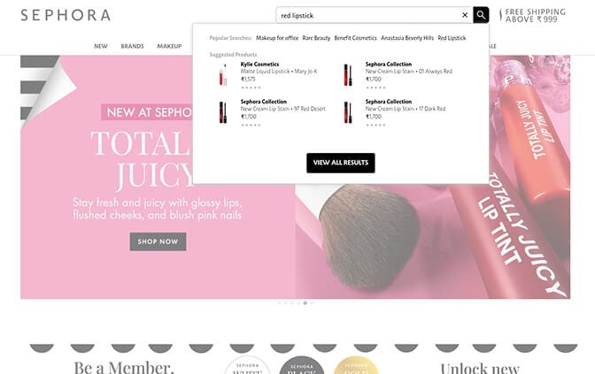 Sephora faceted search dropdown with categories and brands