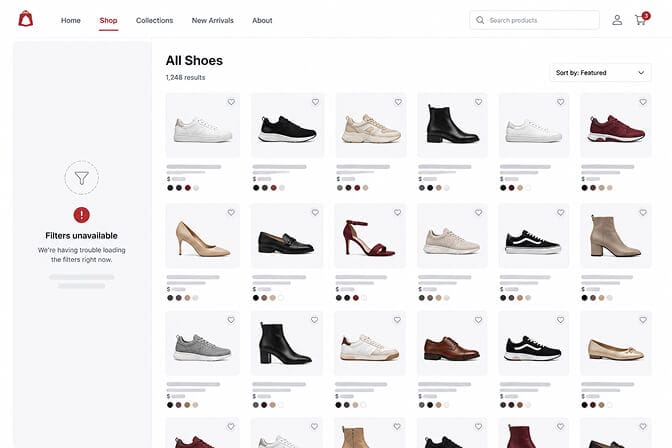 A Shopify collection of 1,248 shoes where the filter sidebar has collapsed into a filters unavailable error, leaving shoppers with an unfiltered grid