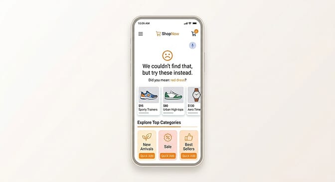 Redesigned Shopify no-results page showing popular products and alternative suggestions