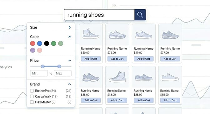 Faceted filter sidebar for "running shoes" with Color, Size, Brand groups and live product counts