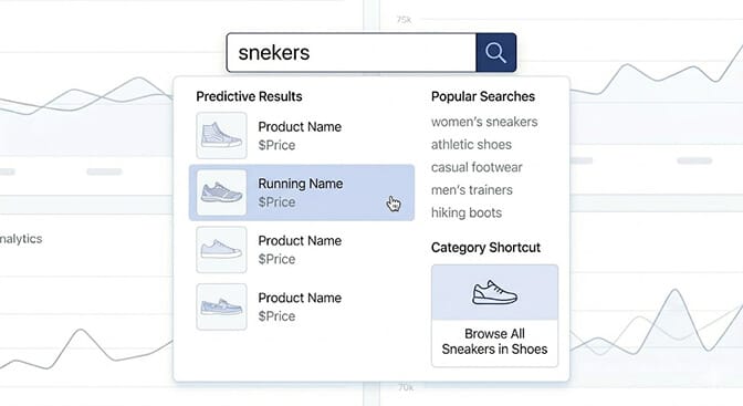 Search autocomplete dropdown showing predictive product results alongside popular customer queries