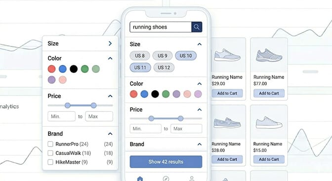 Mobile filter UI with full-screen modal, chip-style filter options, and a sticky show-results button