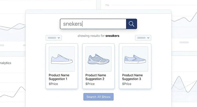 Search bar autocomplete showing "sneakers" suggestions resolving silently from a misspelled query