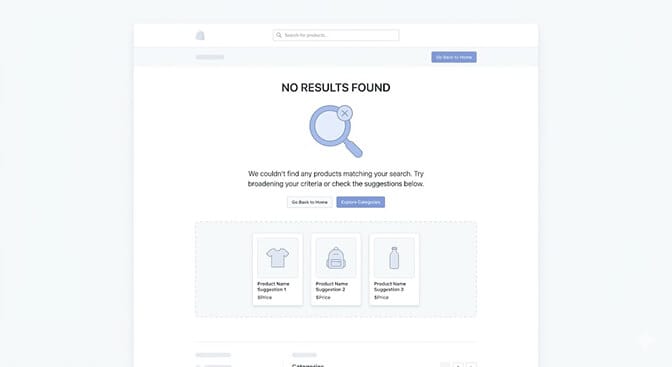 No-results page mockup showing a shopper hitting an empty search dead end