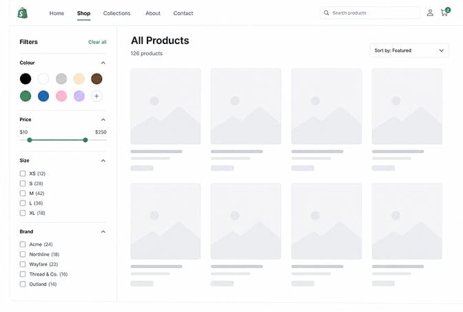 A Shopify collection page with a storefront filter sidebar showing colour swatches, a price range slider, size checkboxes with counts and brand values