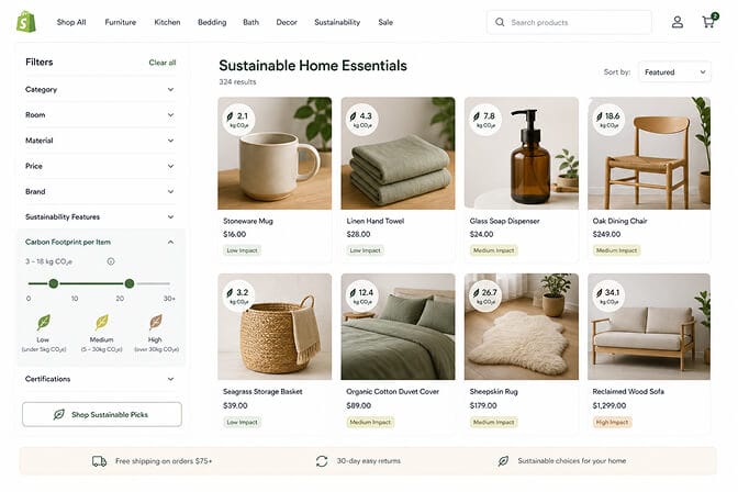 Desktop ecommerce home goods filter sidebar with a Carbon Footprint per Item range slider from low under 5kg CO2e to high over 30kg CO2e with leaf icons