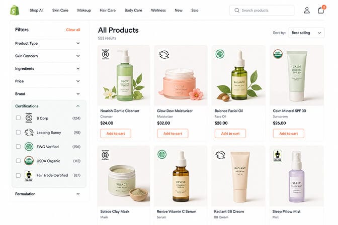 Desktop Shopify beauty store filter sidebar with a Certifications group showing checkboxes for B Corp, Leaping Bunny, EWG Verified, USDA Organic, and Fair Trade Certified each with its own icon