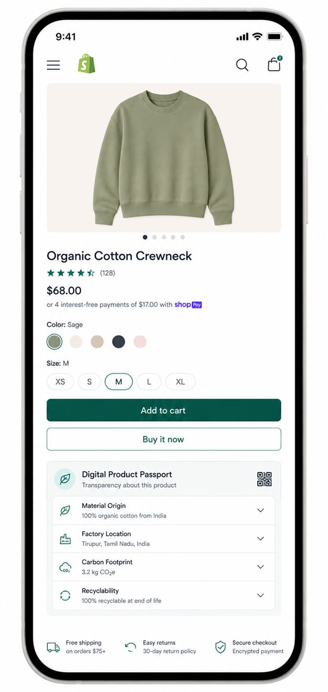 Shopify product page on mobile with a Digital Product Passport widget below the price showing material origin, factory location, carbon footprint, and recyclability info