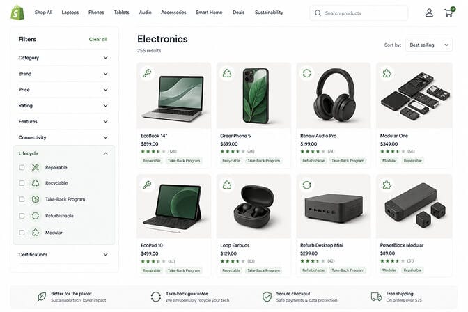 Shopify electronics store filter sidebar with a Lifecycle group containing checkboxes for repairable, recyclable, take-back program, refurbishable, and modular each with circular icons