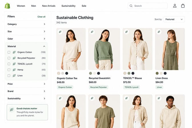 Shopify fashion store filter sidebar with a Material filter group expanded to show options like organic cotton, recycled polyester, TENCEL Lyocell, hemp, and linen with leaf icons