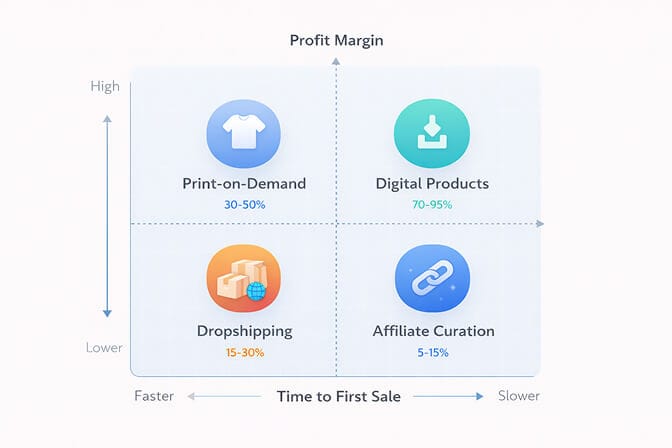 Ecommerce business models comparison - dropshipping, print-on-demand, digital products