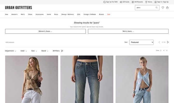 Urban Outfitters search with error tolerance
