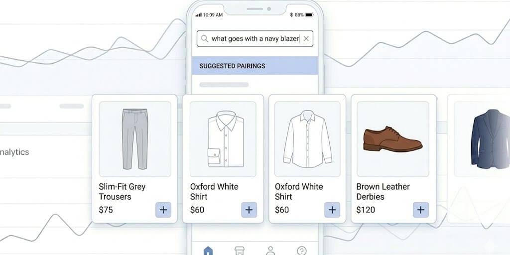 Phone showing the spoken question what goes with a navy blazer returning suggested pairings of grey trousers, white oxford shirts, and brown leather derbies instead of a literal product-name match