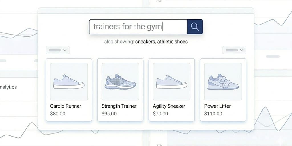 Illustration mapping regional spoken terms like trainers, jumper, and trolley to a store's internal vocabulary of sneakers, sweater, and cart through synonym handling and typo tolerance