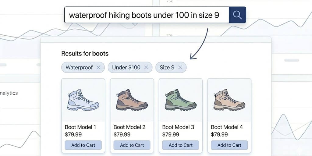 Diagram showing the spoken sentence waterproof hiking boots under a hundred dollars in size nine being parsed into structured search pieces for category, attribute, price, and size