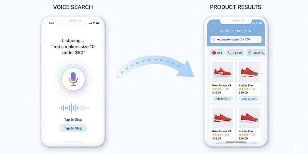 Illustration of the voice-to-screen handoff where a dictated query waterproof boots under a hundred carries over to a phone screen already showing the filtered, ready-to-buy results page