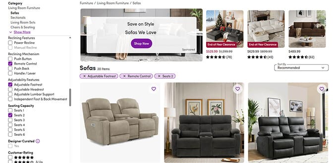 Wayfair multi-select filters with removable tag confirmation