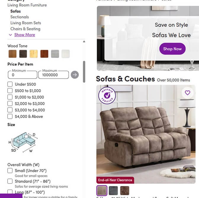 Wayfair filter ordering example showing price and size filters