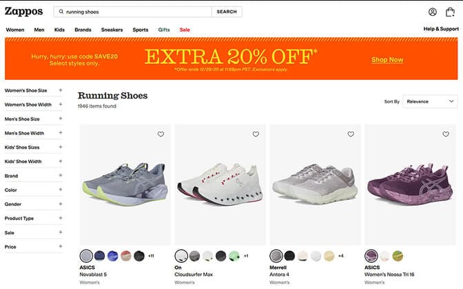 Zappos dynamic faceted filters adapting to product category