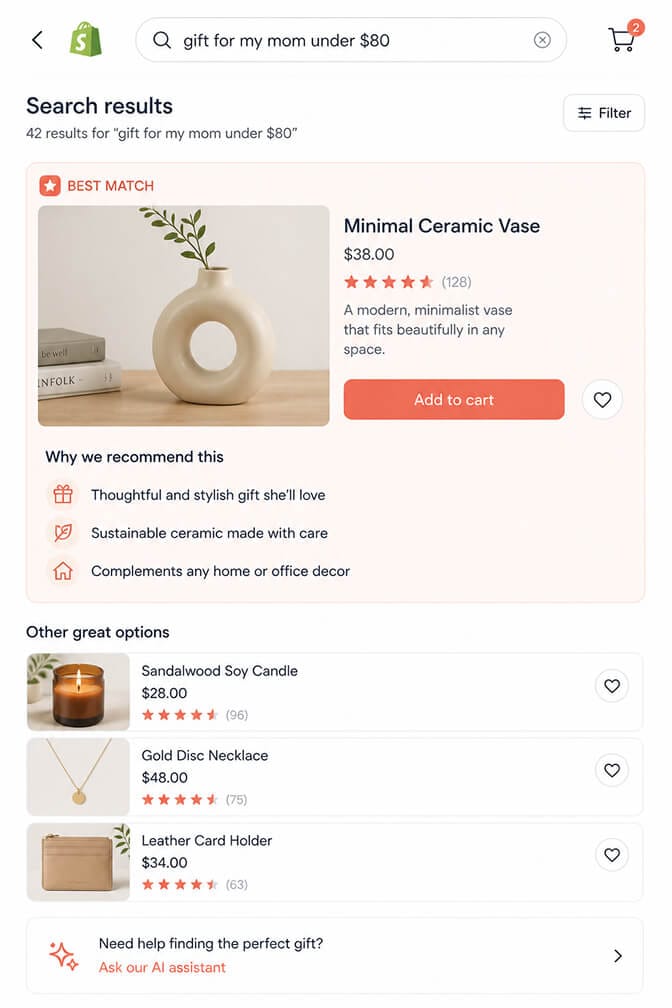 Shopify search results page with one highlighted best match product card and a Why we recommend this block listing three reasons followed by smaller alternatives below