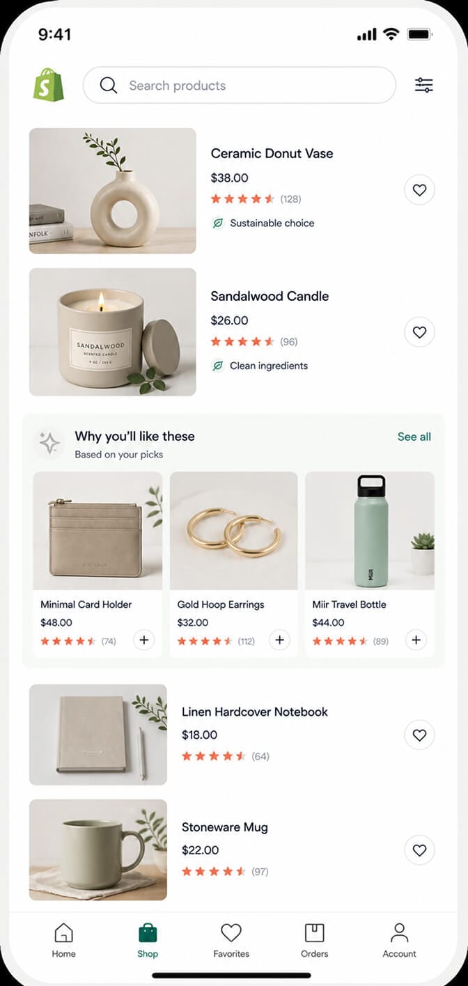 Shopify mobile product feed scrolling endlessly with a Why you'll like these inline section appearing between products suggesting personalized continuation