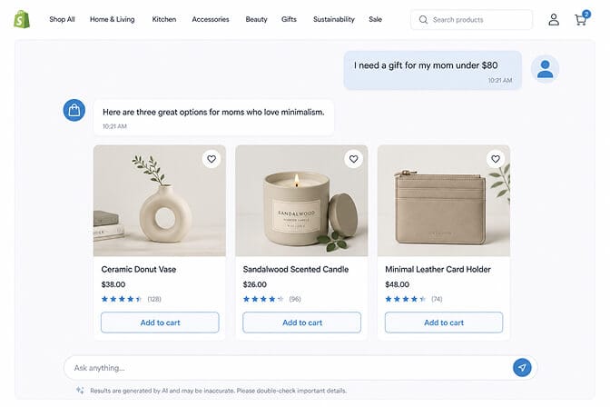 Shopify store search interface designed like a chat conversation showing a user message I need a gift for my mom under eighty dollars and the store responding with three product cards
