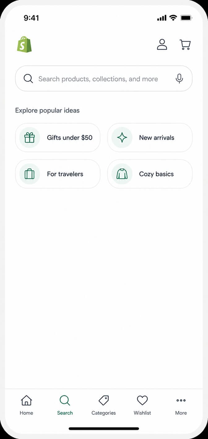 Shopify mobile search bar with empty input but predictive filter chips below labeled gifts under fifty, new arrivals, for travelers, and cozy basics