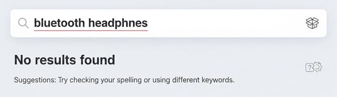 Zero results page showing no products found for a search query