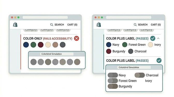 Side-by-side comparison of Shopify color filter swatches, one row with color-only swatches that are indistinguishable to colorblind users and another row with the same swatches paired with text labels like Navy, Forest Green, and Burgundy plus a checkmark for the selected state