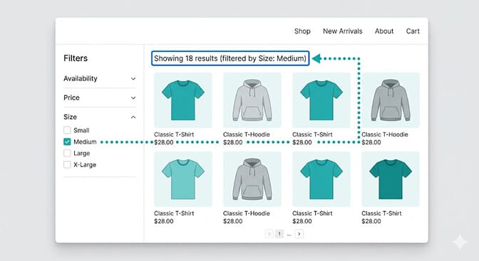 Illustration of focus management after applying a Shopify filter, with keyboard focus moving from the selected filter option to the results region and an aria-live region announcing Showing 18 results for Size Medium so keyboard and screen reader users know the filter took effect