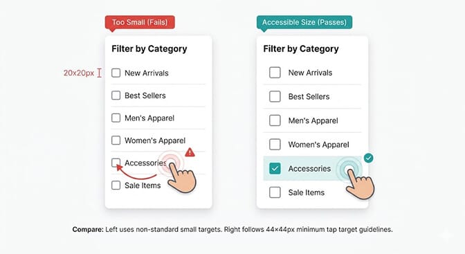 Mobile Shopify filter sidebar comparison showing tiny 16 pixel checkboxes that are hard to tap next to WCAG-compliant 44 by 44 pixel touch targets with comfortable spacing for reliable tapping on touchscreens