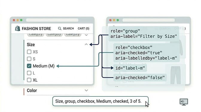 Diagram showing a Shopify filter sidebar marked up with fieldset and legend groups and ARIA labels, with a screen reader announcing Size group, Medium option, and Cotton 12 products as a single accessible label instead of disconnected text fragments