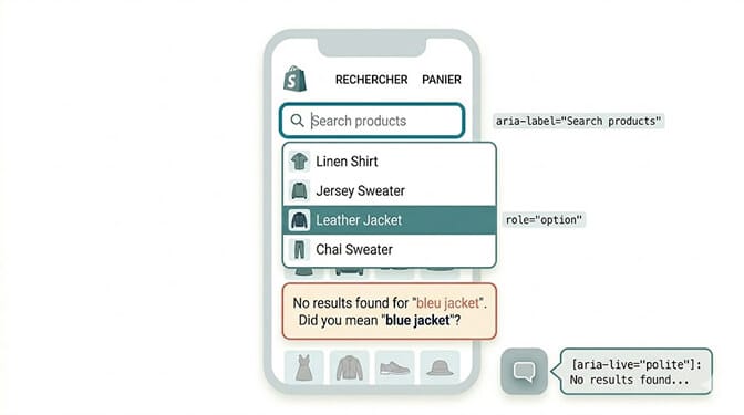 Shopify search bar with a keyboard-navigable autocomplete suggestion list highlighted by arrow key navigation, plus an aria-live region announcing Showing 14 results for cotton jacket and an accessible did you mean typo suggestion link