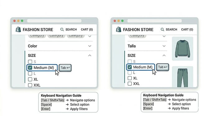 Infographic summarizing six accessibility rules for Shopify search and filters: keyboard-navigable filter controls, color labels beyond color alone, screen reader-compatible structure, search bar accessibility, mobile touch target sizes, and focus management after filter application