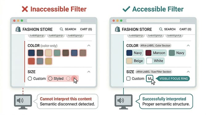 Venn diagram style illustration showing how WCAG 2.2 accessibility fixes like logical tab order, 4.5:1 color contrast, and visible focus indicators overlap with general usability improvements that benefit all shoppers, illustrating that accessible design is universal design