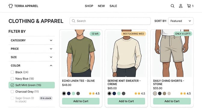 Real-time inventory and filter sync showing live facet counts, availability flags, and restock windows sourced from the live catalog so an agent always gets the truth at that exact second