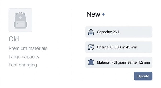 A product attribute catalog replacing marketing adjectives with measurable specs, such as 26 liter capacity fits a 15 inch laptop and pH 5.5 fragrance-free, exposed as filter attributes an agent can rank on
